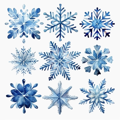 different blue snowflakes watercolour clipart, white background