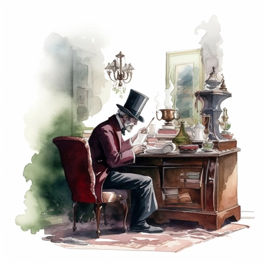 watercolor, hyper realistic, white background, white margins, 16k, ultra detailed clipart, cut out image, hand-drawn, whimsical a man in a top hat and tailcoat writing a letter with a fountain pen, sitting at a mahogany desk in a study with a roaring fireplace, with a color scheme of dark green and burgundy.