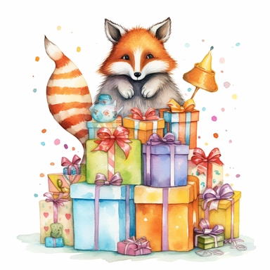 one birthday gift clipart on a white background, in the style of realistic watercolor paintings, toycore, fantastical compositions, characterized animals, tonal variations in color, highly detailed illustrations, no watermark, text, words, paintbrush , 300 DPI , typography, the images do not stick together, no text in the picture