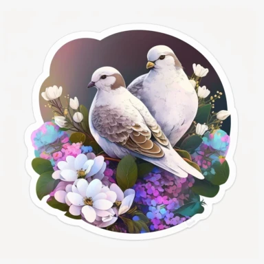 two beautiful doves in love, in a field of flowers, clear sky, clipart, white background, sticker