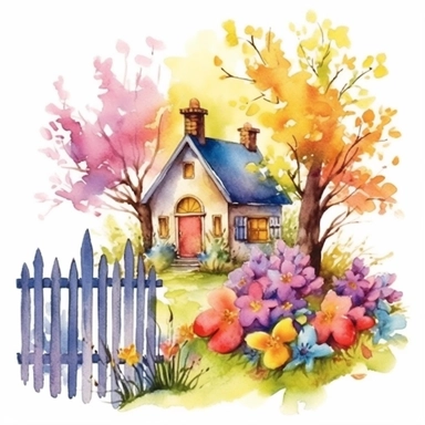 clipart, isolated on white background, beautiful cute Watercolor Spring Cottage - cute little house with fence and chimney, tree and flowers, ornated, vivid and saturated colors
