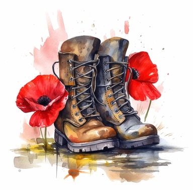 a pair of old army soldier black boots with poppy flowers and a wooden cross with the spirit of a fallen soldier for remembrance, watercolour, white background clipart