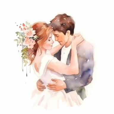 Very cute wedding illustrations clipart , newlyweds, on a white background , watercolors, husband and wife on their wedding day , love