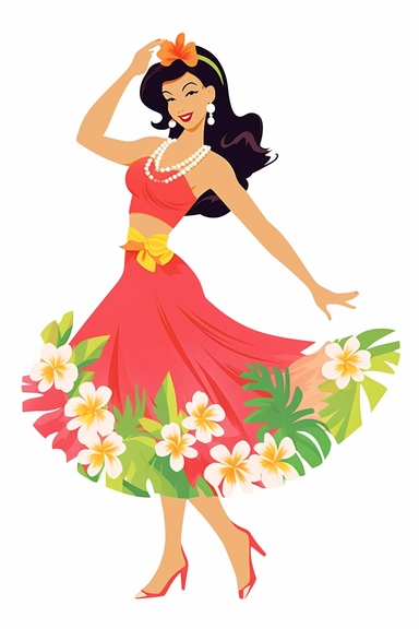 a woman hawaiian doing a luau on a beach, retro cartoon, drawing clipart, Tropical Sublimation, Coconut Girl, Hibiscus, white background