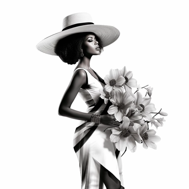 Gorgeous African American Woman, Wearing A Big Hat With A Beautful Flowers On Them, Standing Stall With Black Shoes Black And White Clipart, HD, White Background