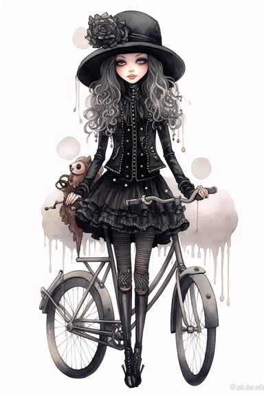 watercolor mixed media goth steampunk girl entire body illustration in front of a gothic steampunk bicycle clipart by holly hobbie