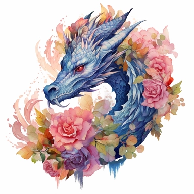 A mesmerizing 4K floral watercolor dragon clipart, where the mythical and the botanical converge in a masterpiece of artistry, intricate floral motifs intertwining with the dragon's form, every petal and scale meticulously painted with intricate details and vibrant watercolor pigments, creating a harmonious fusion of fantasy and nature