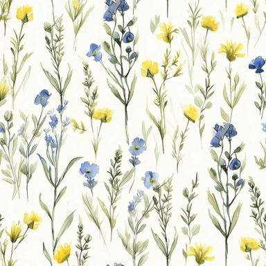 seamless pattern, painting of delicate cute wildflowers, light yellow and blue, single flowers, watercolor watercolour, clipart, pattern designs, animated gifs, simplistic, minimalist, abstract, clean [style]