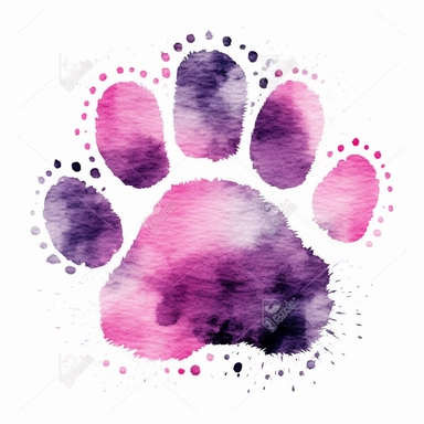 a clipart style hand drawn lines watercolor painted pink and purple bear paw print with 4 toes