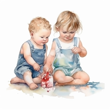 big brother playing with baby sister, watercolour Clipart, isolated white background, 8k , hd, cute