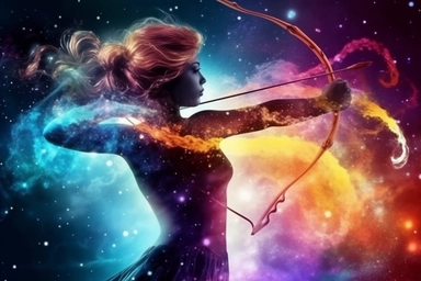 bow and arrow, sagittarius woman archer, rainbow, galaxy, clipart