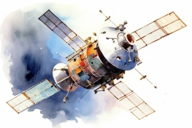 Watercolor, Design an image highlighting a satellite in a Molniya orbit, optimized for communication in high latitudes with a highly elliptical orbit clipart, hd, on a white background, spaced out