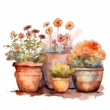 picturesque scene, a group of clay planter flower pots, clipart on white background, watercolor style, autumn vibes, high detail high quality 8k, painted by Beatrix Potter