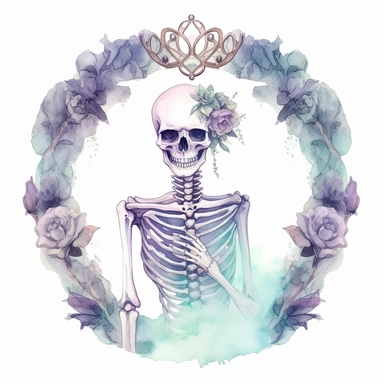 pastel female skeleton with a flower crown and a dress in a circle, half body, cute but spooky Halloween, shades of pastel purple and aqua, glamorous, watercolor, white background with margins, clipart style — uplight