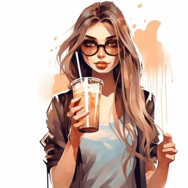 clipart of pretty girl with ice coffee illustration, watercolor clipart, white background, 2D VECTOR ART ,high detial, 8k