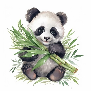 cute panda bear holding bamboo clipart, watercolor style, hyper realistic, detailed, white background