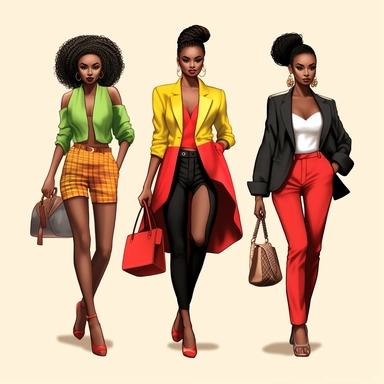 Beautiful african american women, clipart, juneteen red, yellow, and dark green fashion, full body, purse, heels, pants, jacket, shirt, handbag, boss