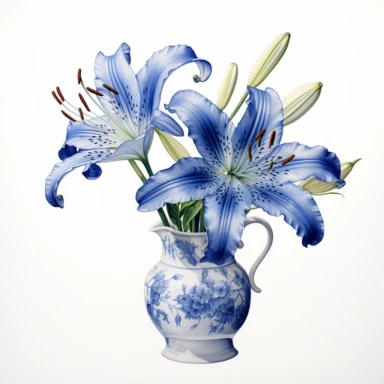 A highly detailed watercolor and pencil drawing of a clipart of blue Lily gracefully showcased in a vase on a isolated white background,, The flower is meticulously rendered, capturing the intricate details of its petals, stamen, and sepals. The combination of watercolor and pencil techniques adds depth and dimension to the drawing, with the watercolor providing soft washes of color and the pencil adding fine lines and delicate shading. The drawing highlights the flower's elegant structure,empha