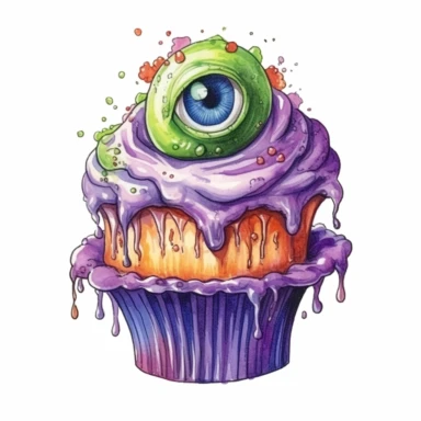 delicious halloween cupcake with brains, eyeballs and teeth, watercolour illustration clipart, extremely detailed, 4k, high quality, colour scheme black, purple, lime green, orange, isolated on white background