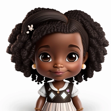 Portrait of Adorable happy Black girl with cute hair, beautiful birthday background, depth of field, African American Chibi doll, black history month, clipart