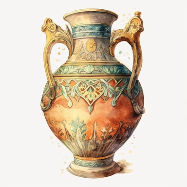 Dazzling vintage amphora, clipart, watercolor, raster graphic, Adobe Illustrator, white background, Cinema Lighting, ultra-detailed, 8k