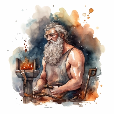 A watercolor clipart of Hephaestus, the Greek god of craftsmanship and blacksmithing, depicted with a strong and stoic presence, wearing a blacksmith apron and holding a hammer, surrounded by sparks and metalwork, showcasing his mastery of the forge