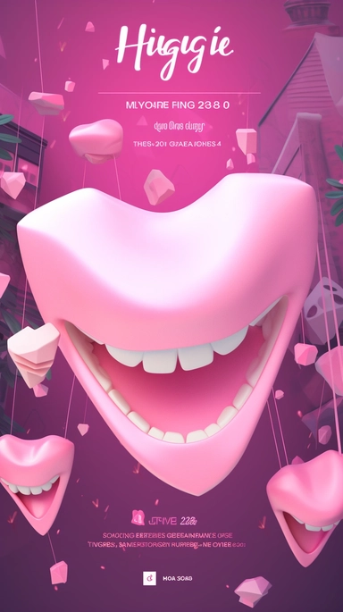 A tasteful invite for the HYGIE event on Friday, 16th June 2023, showcasing a gleaming pink logo, a crowd of enthused dental hygiene students, a VR console, and swirling music notes to signify cool music, located within a modern office with hanging lights, banners, teeth-shape, and a stage, expressing a sense of excitement, anticipation, and rhythmic energy, Vector Art, crafted in Adobe Illustrator using gradient fills, clipping masks and text effects,