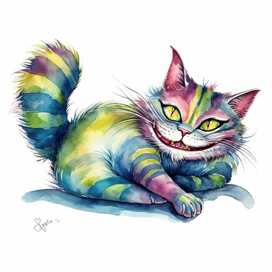 hand drawn Cheshire Cat from Alice in wonderland, laying on back with feet up and tail, Cheshire big smiling teeth grin, shades of lime, fuchsia, blue and orange, watercolor, clipart style, full body, white background with margins