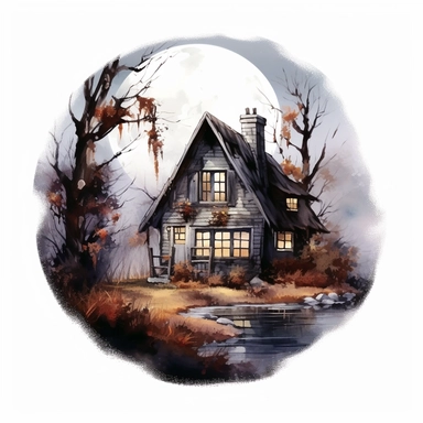 hyperrealistic high detailed witch cottage with fullmoon, watercolor clipart, white background