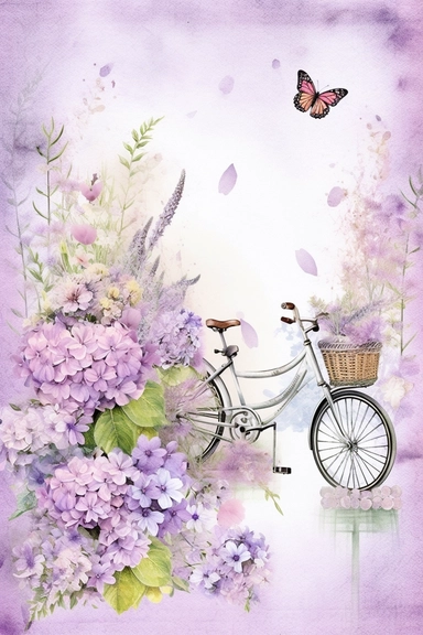 narrow floral vintage damask shabby clipart vignette along the sides and the corners of the picture, little cute bright watercolor blooming lilac vignette, pastel blank center of the picture, vintage design, butterflies and bicycle in a garden setting with beautiful plants and garden decor,