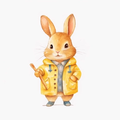 Watercolor svg clipart of a cute cartoon adorable Peter rabbit kawaii animal, illustration by Beatrix potter , pastel yellow jacket, png isolated on white background