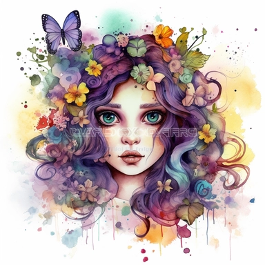 watercolor clipart cute little fairy with long curly hair and with cute symmetric face and realistic brown eyes flying above flowers, photographic, details, full portrait, on white background with margins, charlie bowater, lisa frank
