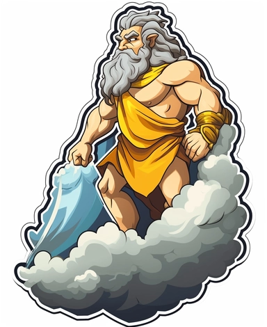 Sticker Clip Art of Zeus standing on Mount Olympus, children friendly, King of the Gods, clouds and lightning behind him, King of Mount Olymp, illustrated in a playful style with a friendly expression, perfect for any special occasion, cut out in the shape of Zeus on a Mountain, Muscular, with no visible background, giving it the appearance of a sticker, conveying a mystical and whimsical mood, edited with Adobe Photoshop to adjust brightness and contrast, rendered as a transparent PNG file with