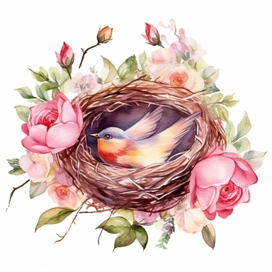 Watercolor nest Clipart, springtime, roses,cute, Bird nest, flowers