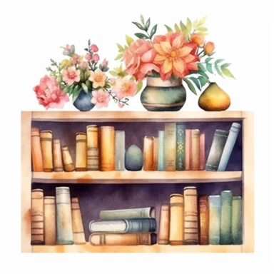 watercolor style, a bookshelf with multiple books, flowers and other decorations on it, realistic, delicate shades, clipart, isolated on white background, 4K