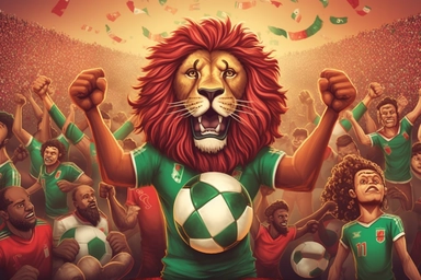 lion atlas, national football team celebrating, cartoon, world cup 2030, clipart, background of stadium full of supporters, red and green, moroccan flag, detailed, ultra HD, charismatic, creative,detailed faces, ultrarealistic, passion, well shaped bodies of supporters, one lion holding a ball, many lions behind him celebrating ,fierce,