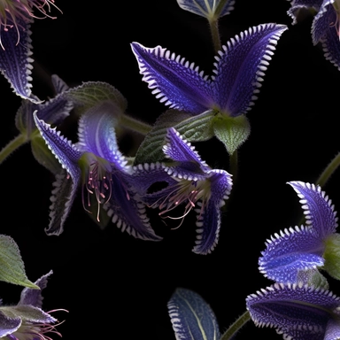 Purple borage flowers as a clipart with black background. A masterfully crafted digital artwork that explores the beauty and intricacy of purple borage flowers. The composition offers a close-up perspective, allowing the viewer to marvel at the delicate details of each petal and the unique patterns they create. Soft lighting highlights the vibrant purple tones, evoking a sense of tranquility and serenity. The artwork exhibits a contemporary realism style with a touch of impressionism, reminiscen