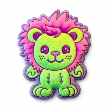puffy raised 3D embroidered patch of duotone cute fuzzy lion neon purple and pastel lime cute on blank empty white background clip art