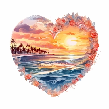 Watercolor Beach Sunsets Background, spiral heart shape (full shape, not cut), PNG Clipart, Illustration clipart, 4K, extremely detailed Sublimation Clipart,Cartoon,hyper realistic, intricate detail, illustration style,high solution,on the white background