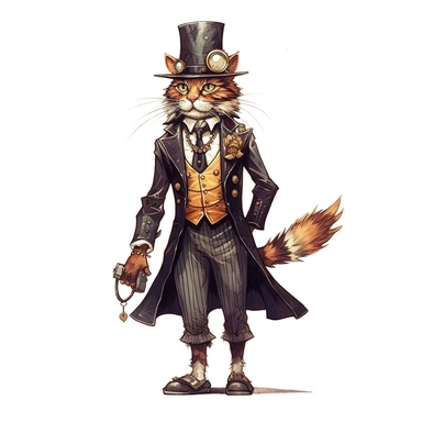 professional gouache hand-painted full body illustration of a steampunk cat-man, Victorian clipart, isolated against white background, accurate, natural form, simple playful style, deep colour, softly lit by golden hour sunlight