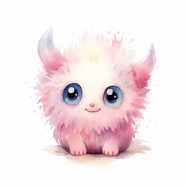 watercolour illustration, cute baby monster, big eyes, smiling, pastel, pale pink, aquarrellist, clipart, isolated, white background,