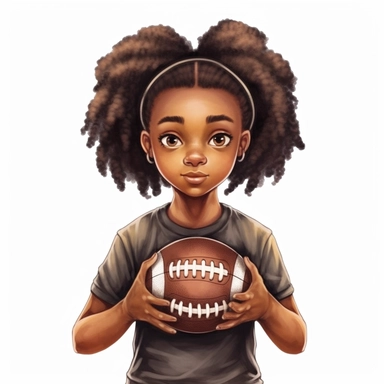 Cool cute black kid football, cool football clothes, female black girl, watercolor style, clipart solid white background