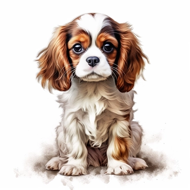 Watercolour cute Cavalier King Charles Spaniel puppy sitting, beautiful details, ultra detailed, ultraphoto real intricate detailed, high definition, graphic clipart, hyper realistic,detailed, white background