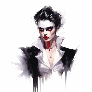 Highly detailed watercolour clipart of beautiful vampire, sharp pointed canines, dark aesthetic, pretty, vintage gothic clothing, majestic, depth of field, detailed character illustrations, multilayered realism UHD, 8K, 3D, solid white background