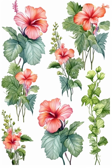 Watercolor flower, various color of hibiscus floral garden Bouquets PNG Clipart, wedding digital wildflower green leaves herbs Lisima