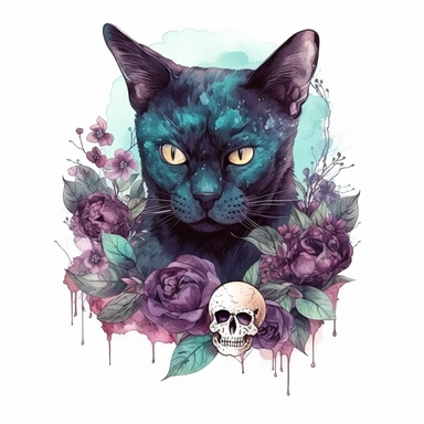 hand drawn black cat, sitting with front paw resting on a skull, flowers and crystals, shades of burgundy purple and teal, romantic and edgy, very detailed and realistic, watercolor, clipart style