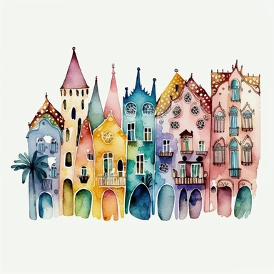 Very very cute and Whimsical houses in a row in the style of Gaudi, Barcelona, Spain, beautiful, colorful, Sagrada Familia church, flower balconies, Watercolored illustration in the style of Michael Powell, clipart, white background - Q2