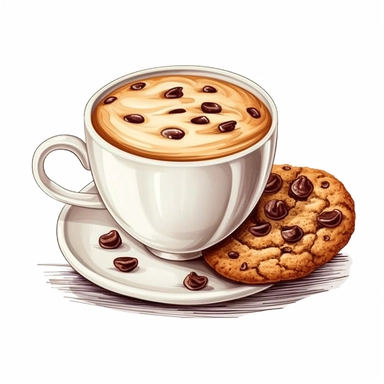 milk cup and chocolate chip cookies sublimation clipart, hd, intricate detail, illustration style, high solution, on the white background