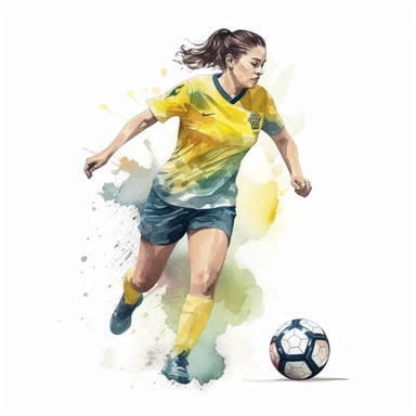 Watercolour of a female footballer , Clipart,Cartoon,hyper realistic, intricate detail isolated on a white background, high quality, sublimation, detailed, cartoon style