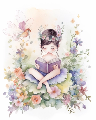 very simple watercolour childrens book style drawing of a cute fairy reading a book surrounded by flowers, pastel colours soft on white background for clipart, 8k